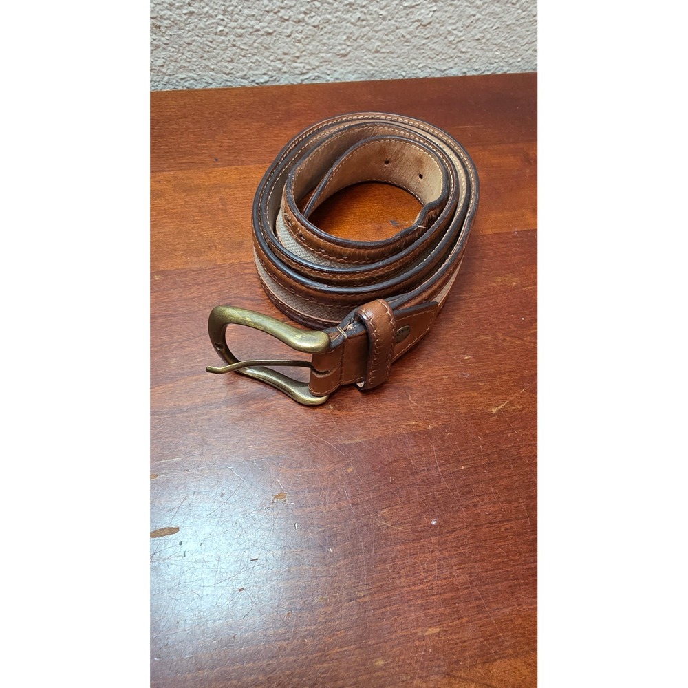 Paul Fredrick Belt Mens 44 Brown Leather Canvas Made in Italy Casual Classic